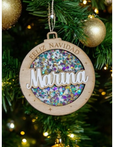 Bola Árbol Navidad de madera personalizada y confeti