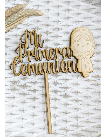 Topper Cake Primera Comunión con grabado en madera niña