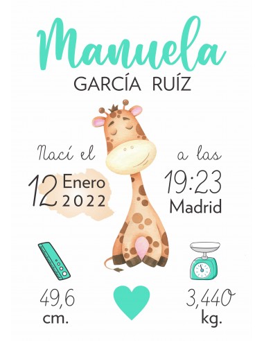 Lámina de nacimiento personalizada Jirafa
