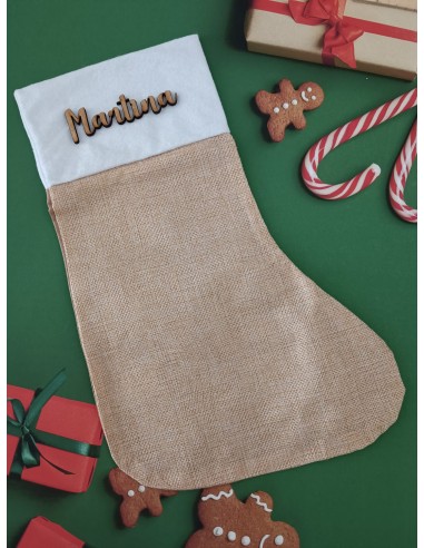 Calcetín navideño de color beige con nombre personalizado